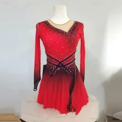 Figure Skating Dress Women's Girls' Ice Skating Dress Red High Elasticity Training Competition Skating Wear Classic Crystal / Rhinestone Long Sleeve Ice Skating Figure Skating