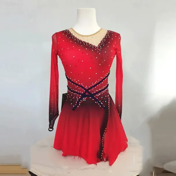 Figure Skating Dress Women's Girls' Ice Skating Dress Red High Elasticity Training Competition Skating Wear Classic Crystal / Rhinestone Long Sleeve Ice Skating Figure Skating