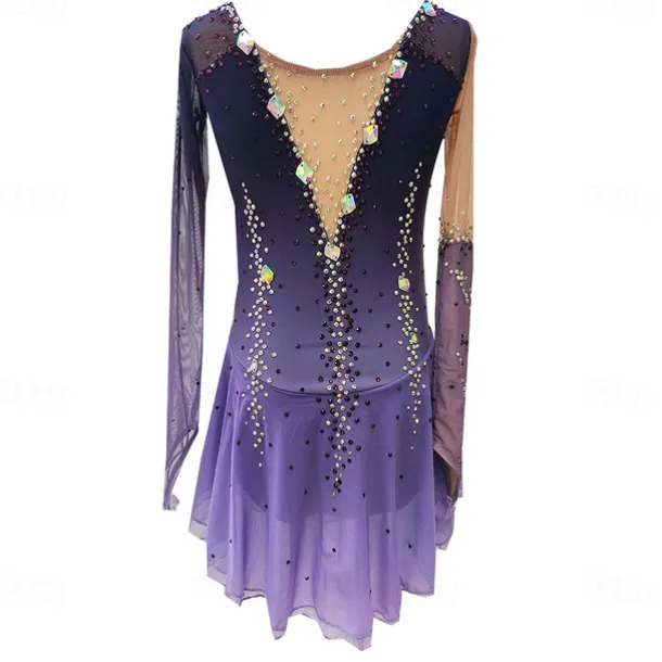Figure Skating Dress Women's Girls' Ice Skating Dress Purple Thumbhole Halo Dyeing High Elasticity Professional Competition Skating Wear Thermal Warm Crystal / Rhinestone Long Sleeve Ice Skating