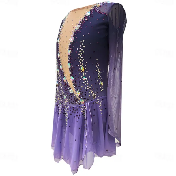 Figure Skating Dress Women's Girls' Ice Skating Dress Purple Thumbhole Halo Dyeing High Elasticity Professional Competition Skating Wear Thermal Warm Crystal / Rhinestone Long Sleeve Ice Skating