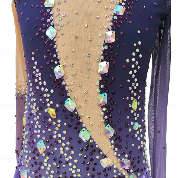 Figure Skating Dress Women's Girls' Ice Skating Dress Purple Thumbhole Halo Dyeing High Elasticity Professional Competition Skating Wear Thermal Warm Crystal / Rhinestone Long Sleeve Ice Skating
