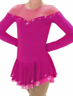 Figure Skating Dress Women's Girls' Ice Skating Dress Outfits Fuchsia Blue Patchwork Spandex High Elasticity Training Competition Skating Wear Handmade Patchwork Crystal / Rhinestone Long Sleeve Ice