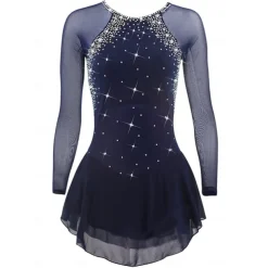 Figure Skating Dress Women's Girls' Ice Skating Dress Dark Navy Patchwork Open Back Mesh Spandex Stretchy Training Practice Professional Skating Wear Crystal / Rhinestone Long Sleeve Ice Skating