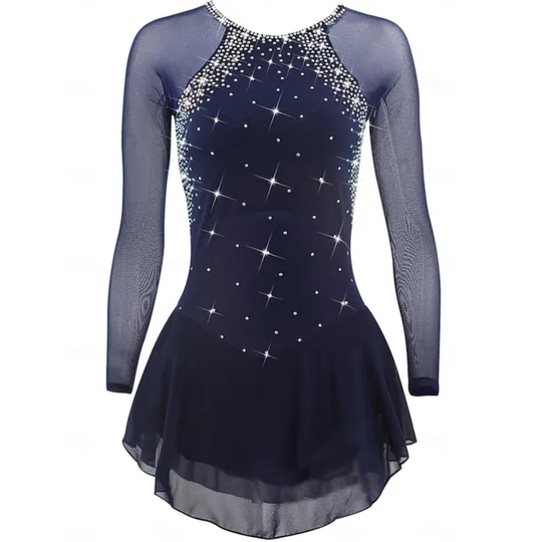 Figure Skating Dress Women's Girls' Ice Skating Dress Dark Navy Patchwork Open Back Mesh Spandex Stretchy Training Practice Professional Skating Wear Crystal / Rhinestone Long Sleeve Ice Skating