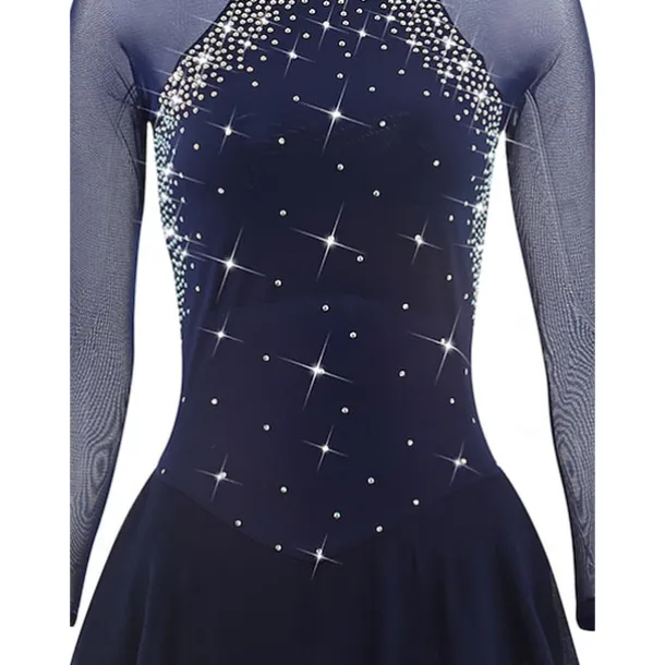 Figure Skating Dress Women's Girls' Ice Skating Dress Dark Navy Patchwork Open Back Mesh Spandex Stretchy Training Practice Professional Skating Wear Crystal / Rhinestone Long Sleeve Ice Skating