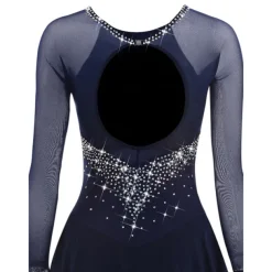 Figure Skating Dress Women's Girls' Ice Skating Dress Dark Navy Patchwork Open Back Mesh Spandex Stretchy Training Practice Professional Skating Wear Crystal / Rhinestone Long Sleeve Ice Skating