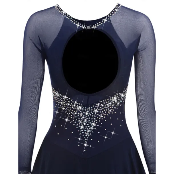 Figure Skating Dress Women's Girls' Ice Skating Dress Dark Navy Patchwork Open Back Mesh Spandex Stretchy Training Practice Professional Skating Wear Crystal / Rhinestone Long Sleeve Ice Skating
