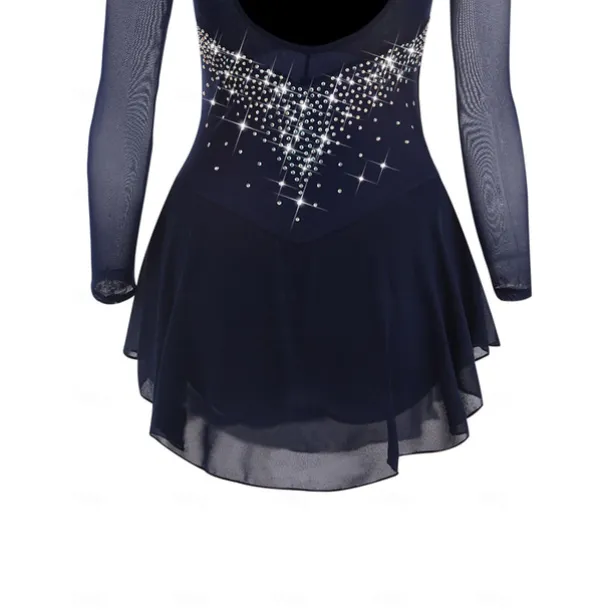 Figure Skating Dress Women's Girls' Ice Skating Dress Dark Navy Patchwork Open Back Mesh Spandex Stretchy Training Practice Professional Skating Wear Crystal / Rhinestone Long Sleeve Ice Skating