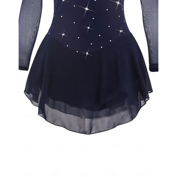 Figure Skating Dress Women's Girls' Ice Skating Dress Dark Navy Patchwork Open Back Mesh Spandex Stretchy Training Practice Professional Skating Wear Crystal / Rhinestone Long Sleeve Ice Skating