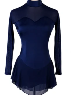 Figure Skating Dress Women's Girls' Ice Skating Dress Outfits Dark Navy Patchwork Mesh Spandex High Elasticity Practice Professional Competition Skating Wear Handmade Classic Crystal / Rhinestone