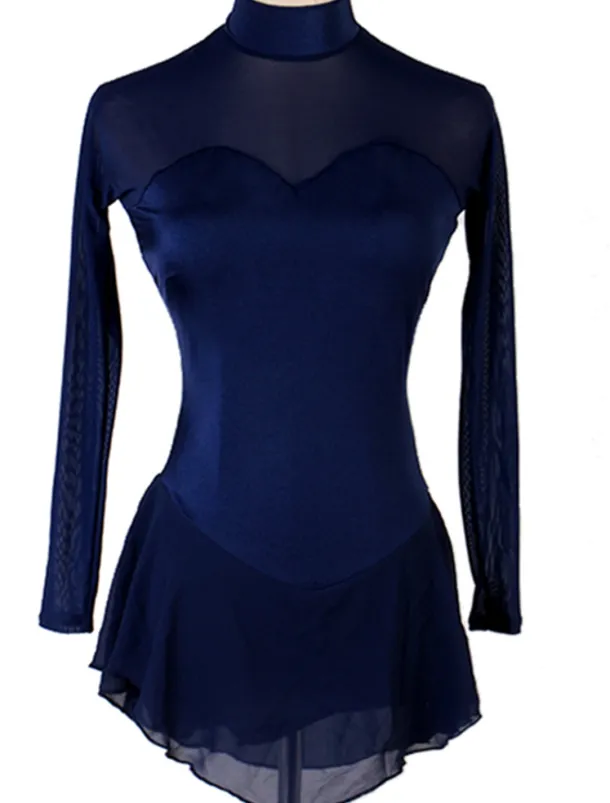 Figure Skating Dress Women's Girls' Ice Skating Dress Outfits Dark Navy Patchwork Mesh Spandex High Elasticity Practice Professional Competition Skating Wear Handmade Classic Crystal / Rhinestone