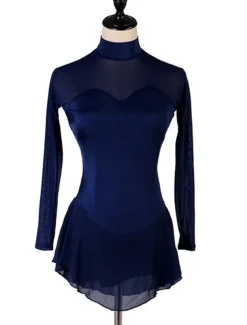 Figure Skating Dress Women's Girls' Ice Skating Dress Outfits Dark Navy Patchwork Mesh Spandex High Elasticity Practice Professional Competition Skating Wear Handmade Classic Crystal / Rhinestone