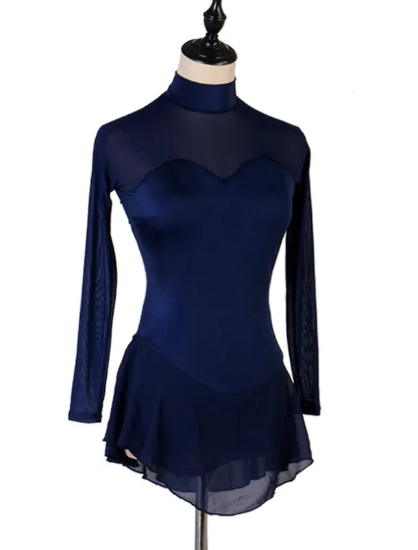 Figure Skating Dress Women's Girls' Ice Skating Dress Outfits Dark Navy Patchwork Mesh Spandex High Elasticity Practice Professional Competition Skating Wear Handmade Classic Crystal / Rhinestone
