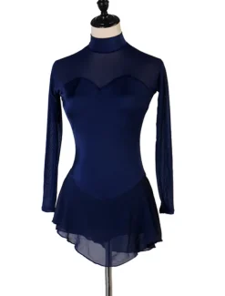 Figure Skating Dress Women's Girls' Ice Skating Dress Outfits Dark Navy Patchwork Mesh Spandex High Elasticity Practice Professional Competition Skating Wear Handmade Classic Crystal / Rhinestone