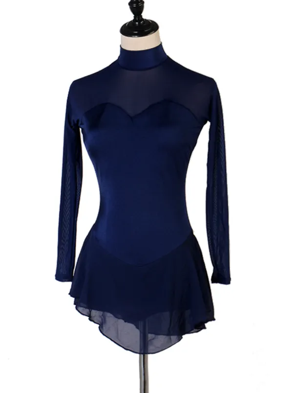 Figure Skating Dress Women's Girls' Ice Skating Dress Outfits Dark Navy Patchwork Mesh Spandex High Elasticity Practice Professional Competition Skating Wear Handmade Classic Crystal / Rhinestone