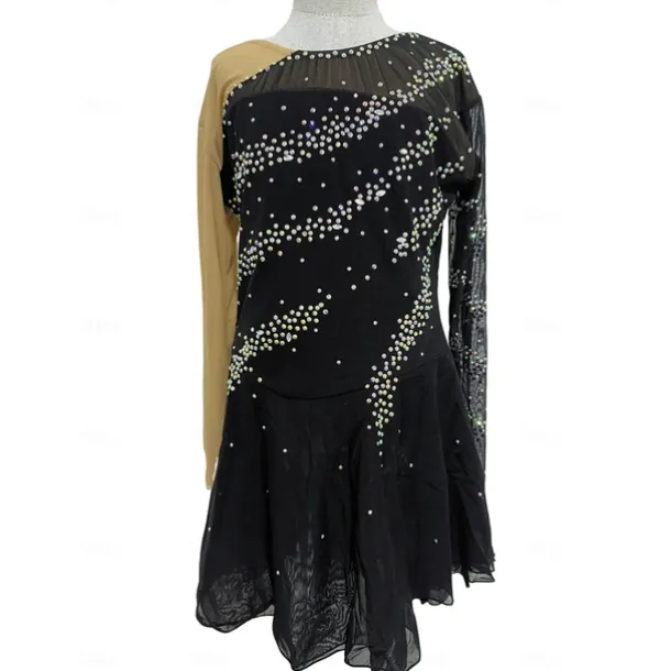 Figure Skating Dress Women's Girls' Ice Skating Dress Black Patchwork Thumbhole Mesh Spandex Stretchy Training Practice Professional Skating Wear Thermal Warm Crystal / Rhinestone Long Sleeve Ice