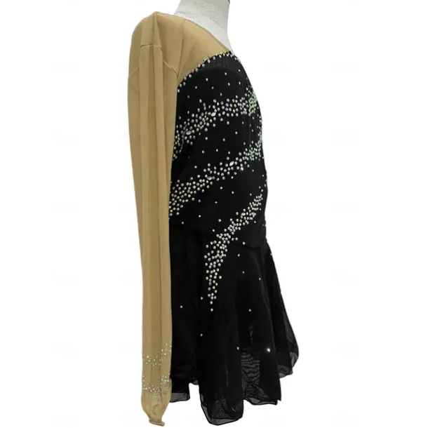 Figure Skating Dress Women's Girls' Ice Skating Dress Black Patchwork Thumbhole Mesh Spandex Stretchy Training Practice Professional Skating Wear Thermal Warm Crystal / Rhinestone Long Sleeve Ice