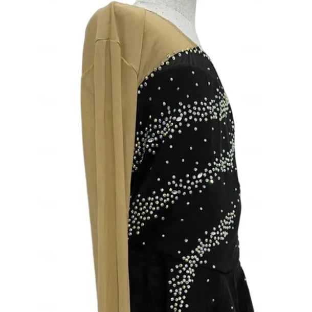 Figure Skating Dress Women's Girls' Ice Skating Dress Black Patchwork Thumbhole Mesh Spandex Stretchy Training Practice Professional Skating Wear Thermal Warm Crystal / Rhinestone Long Sleeve Ice