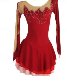 Figure Skating Dress Women's Girls' Ice Skating Dress Burgundy Patchwork Open Back Mesh High Elasticity Training Competition Skating Wear Classic Long Sleeve Ice Skating Figure Skating