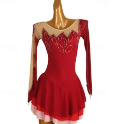 Figure Skating Dress Women's Girls' Ice Skating Dress Burgundy Patchwork Open Back Mesh High Elasticity Training Competition Skating Wear Classic Long Sleeve Ice Skating Figure Skating