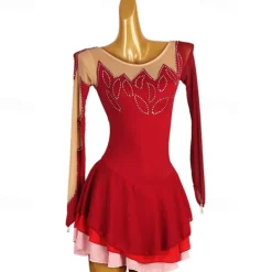 Figure Skating Dress Women's Girls' Ice Skating Dress Burgundy Patchwork Open Back Mesh High Elasticity Training Competition Skating Wear Classic Long Sleeve Ice Skating Figure Skating