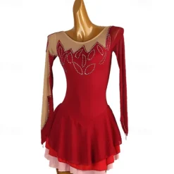 Figure Skating Dress Women's Girls' Ice Skating Dress Burgundy Patchwork Open Back Mesh High Elasticity Training Competition Skating Wear Classic Long Sleeve Ice Skating Figure Skating