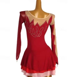 Figure Skating Dress Women's Girls' Ice Skating Dress Burgundy Patchwork Open Back Mesh High Elasticity Training Competition Skating Wear Classic Long Sleeve Ice Skating Figure Skating