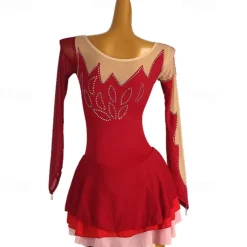 Figure Skating Dress Women's Girls' Ice Skating Dress Burgundy Patchwork Open Back Mesh High Elasticity Training Competition Skating Wear Classic Long Sleeve Ice Skating Figure Skating
