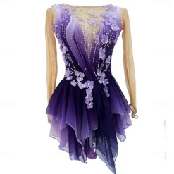Figure Skating Dress Women's Girls' Ice Skating Dress Purple Thumbhole Halo Dyeing High Elasticity Professional Competition Skating Wear Thermal Warm Crystal / Rhinestone Long Sleeve Ice Skating