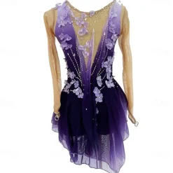 Figure Skating Dress Women's Girls' Ice Skating Dress Purple Thumbhole Halo Dyeing High Elasticity Professional Competition Skating Wear Thermal Warm Crystal / Rhinestone Long Sleeve Ice Skating