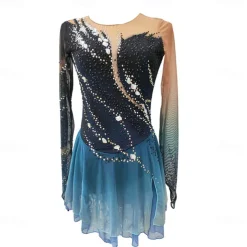 Figure Skating Dress Women's Girls' Ice Skating Dress Dark Blue Thumbhole Halo Dyeing High Elasticity Professional Competition Skating Wear Thermal Warm Crystal / Rhinestone Long Sleeve Ice Skating