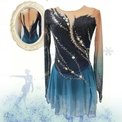 Figure Skating Dress Women's Girls' Ice Skating Dress Dark Blue Thumbhole Halo Dyeing High Elasticity Professional Competition Skating Wear Thermal Warm Crystal / Rhinestone Long Sleeve Ice Skating