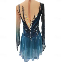 Figure Skating Dress Women's Girls' Ice Skating Dress Dark Blue Thumbhole Halo Dyeing High Elasticity Professional Competition Skating Wear Thermal Warm Crystal / Rhinestone Long Sleeve Ice Skating