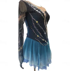 Figure Skating Dress Women's Girls' Ice Skating Dress Dark Blue Thumbhole Halo Dyeing High Elasticity Professional Competition Skating Wear Thermal Warm Crystal / Rhinestone Long Sleeve Ice Skating