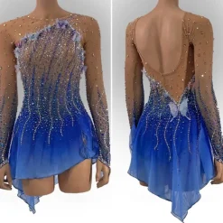 Figure Skating Dress Women's Girls' Ice Skating Dress Blue Black Thumbhole Open Back Mesh High Elasticity Training Competition Skating Wear Classic Crystal / Rhinestone Long Sleeve Ice Skating Figure
