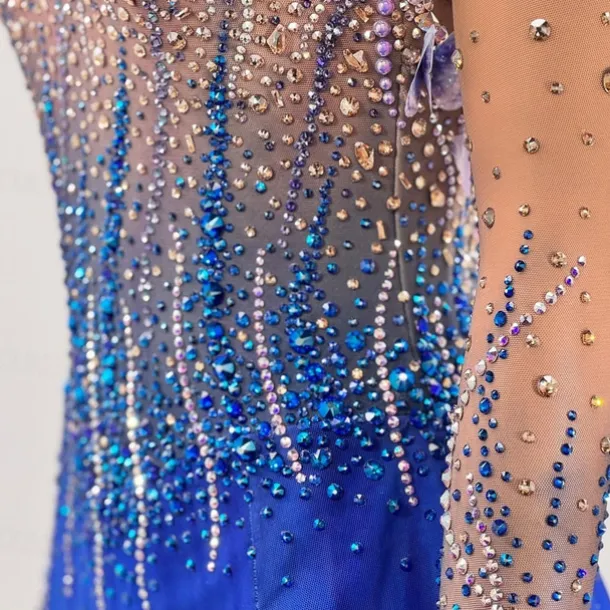 Figure Skating Dress Women's Girls' Ice Skating Dress Blue Black Thumbhole Open Back Mesh High Elasticity Training Competition Skating Wear Classic Crystal / Rhinestone Long Sleeve Ice Skating Figure