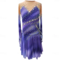 Figure Skating Dress Women's Girls' Ice Skating Dress Purple Thumbhole Halo Dyeing High Elasticity Professional Competition Skating Wear Thermal Warm Crystal / Rhinestone Long Sleeve Ice Skating