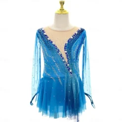 Figure Skating Dress Women's Girls' Ice Skating Dress Blue High Elasticity Training Competition Skating Wear Classic Crystal / Rhinestone Long Sleeve Ice Skating Figure Skating