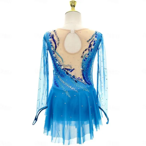 Figure Skating Dress Women's Girls' Ice Skating Dress Blue High Elasticity Training Competition Skating Wear Classic Crystal / Rhinestone Long Sleeve Ice Skating Figure Skating