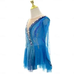 Figure Skating Dress Women's Girls' Ice Skating Dress Blue High Elasticity Training Competition Skating Wear Classic Crystal / Rhinestone Long Sleeve Ice Skating Figure Skating