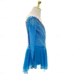 Figure Skating Dress Women's Girls' Ice Skating Dress Blue High Elasticity Training Competition Skating Wear Classic Crystal / Rhinestone Long Sleeve Ice Skating Figure Skating