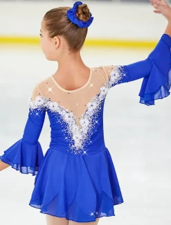 Figure Skating Dress Women's Girls' Ice Skating Dress Violet White Yellow Patchwork Flower Mesh High Elasticity Training Practice Competition Skating Wear Handmade Floral Botanical Half Sleeve Ice