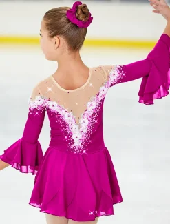 Figure Skating Dress Women's Girls' Ice Skating Dress Violet White Yellow Patchwork Flower Mesh High Elasticity Training Practice Competition Skating Wear Handmade Floral Botanical Half Sleeve Ice