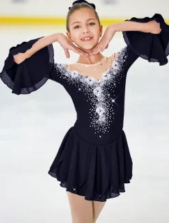 Figure Skating Dress Women's Girls' Ice Skating Dress Violet White Yellow Patchwork Flower Mesh High Elasticity Training Practice Competition Skating Wear Handmade Floral Botanical Half Sleeve Ice