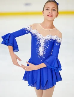 Figure Skating Dress Women's Girls' Ice Skating Dress Violet White Yellow Patchwork Flower Mesh High Elasticity Training Practice Competition Skating Wear Handmade Floral Botanical Half Sleeve Ice