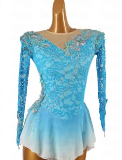 Figure Skating Dress Women's Girls' Ice Skating Dress Outfits Violet Black White Patchwork Mesh Spandex Lace High Elasticity Competition Skating Wear Handmade Crystal / Rhinestone Long Sleeve Ice