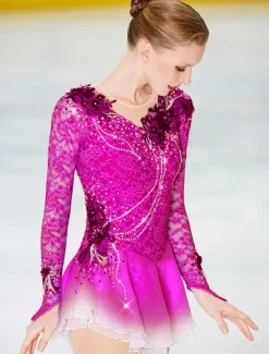 Figure Skating Dress Women's Girls' Ice Skating Dress Outfits Violet Black White Patchwork Mesh Spandex Lace High Elasticity Competition Skating Wear Handmade Crystal / Rhinestone Long Sleeve Ice