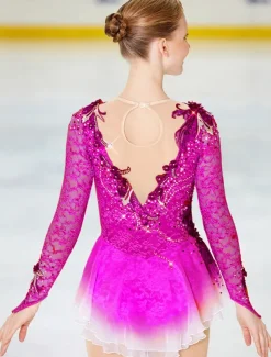 Figure Skating Dress Women's Girls' Ice Skating Dress Outfits Violet Black White Patchwork Mesh Spandex Lace High Elasticity Competition Skating Wear Handmade Crystal / Rhinestone Long Sleeve Ice