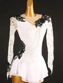Figure Skating Dress Women's Girls' Ice Skating Dress Outfits Violet Black White Patchwork Mesh Spandex Lace High Elasticity Competition Skating Wear Handmade Crystal / Rhinestone Long Sleeve Ice