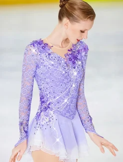 Figure Skating Dress Women's Girls' Ice Skating Dress Outfits Violet Black White Patchwork Mesh Spandex Lace High Elasticity Competition Skating Wear Handmade Crystal / Rhinestone Long Sleeve Ice